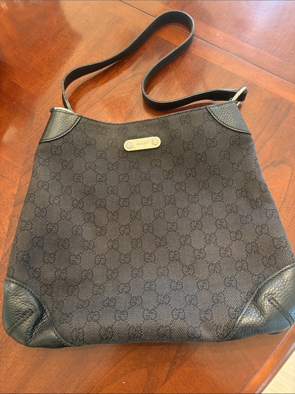 Gucci Black Monogram Shoulder Bag with Leather Trim